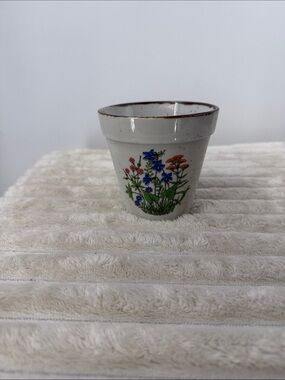 Vintage Ceramic Flower Pot with Blue and Orange Floral Design from Japan